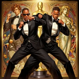 symmetry ( badass ) dynamix pose of will smith punching chris rock at the oscars. ultra detailed, intricate, anime, dynamic lighting, digital art, digital painting, art station, wlop, sharp focus, illustration, art by artgerm and greg rutkowski and alphonse mucha