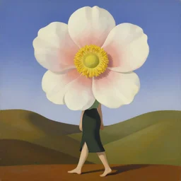 huge flower as head, woman walking between hills, surreal, flat light, painting, digital painting, artstation, georgia o'keeffe