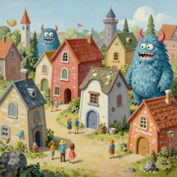 very detailed painting of tiny people in the monster town in wimmelbilder style