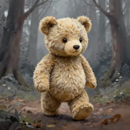 a painting teddy bear walking in an ashy forest in the style ofAndreas Rocha, high resolution, 8k