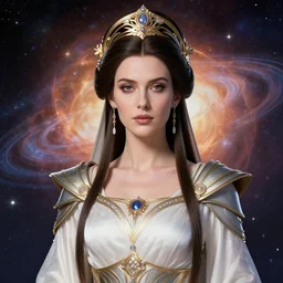 portrait of the powerful empress of the solar system in the style of anna dittmann and in the style of ian llanas. glowing, ornate and intricate linework, stunning, dynamic lighting, ultrafine and hyperdetailed.