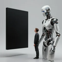 a curious man stands opposite a floating black rectangle, and on the other side is a curious cyborg staring back at the man. intricate details