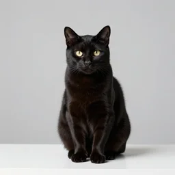 studio photograph of a black cat sitting on a table