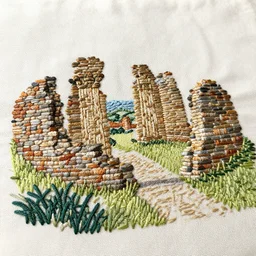 a high quality handmade embroidery of the ruins at vindolanda. hand stitching