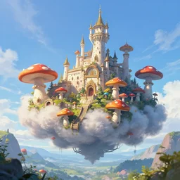 flying cloud castle, mushroom buildings, illustration, bright, blue sky, mountains, colorful, cinematic lighting, fantasy, high detail, masterpiece, artstation, 4 k, art by wylie beckert