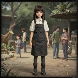 a kodachrome 3 d render full body daguerrotype portrait of a zoo keeper girl, finely detailed features, at a busy zoo, gapmoe yandere grimdark, trending on pixiv fanbox, painted by greg rutkowski makoto shinkai takashi takeuchi studio ghibli, akihiko yoshida, pixar 3 d, renderman