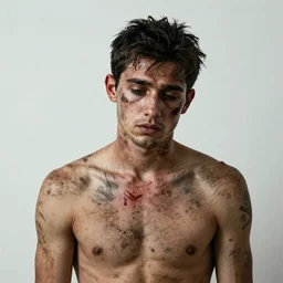 matte portrait of a depressed young man covered in dirt and blood, by Antony Micallef by Camille Rose Garcia