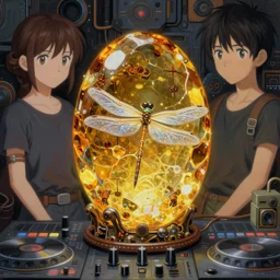 surreal gouache painting, by yoshitaka amano, by ruan jia, by Conrad roset, by good smile company, detailed anime 3d render of big transparent amber stone  with a  magical eletric dragonfly inside.  dragonfly inside  an amber stone,  amber stone on the Dj mixer  portrait, cgsociety, artstation, rococo mechanical and Digital  and electronic, dieselpunk atmosphere