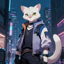 character portrait of a male anthro albino mountain lion fursona with a tail and a cute beautiful attractive furry face wearing stylish cyberpunk clothes in a cyberpunk city at night while it rains. hidari, color page, tankoban, 4K, tone mapping, Akihiko Yoshida.