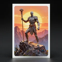 ( a human made of rock holding a staff, sunset on top of a mountain, front game card, marvel comics, light, intricate, highly detailed, smooth, artstation, digital illustration by ruan jia and mandy jurgens and artgerm and wayne barlowe and greg rutkowski and zdislav beksinski