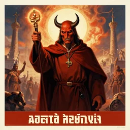 priest from hell calls for a crusade against the forces of heaven in the style of soviet posters