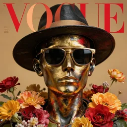 a head made out of melting metal, it is of black and golden and red color, it is wearing sunglasses and a hat, there are flowers all around it, vogue cover style