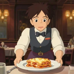 a wholesome animation key shot of a fashionable waitress delivering a plate of delicious lasagna to the table at a high end restaurant, close up shot, portrait, expression, studio Ghibli, Pixar and Disney animation, sharp, Rendered in Unreal Engine 5, anime key art by Greg Rutkowski, Bloom, dramatic lighting