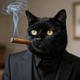 black cat smoking cigar and wearing suit. award winning photo. high quality high fidelity. 4 k. unsplash.