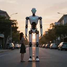 a calming photograph of a tall, slender, humanoid robot standing out to a beautiful woman, large shot, wide shot, in a street, sunset photo