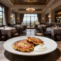 A professional photo of a plate with potato pancakes and sour cream in a very expensive restaurant