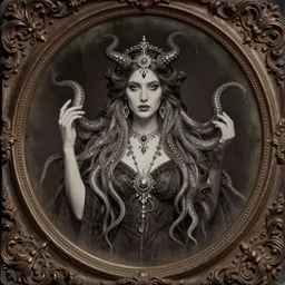 beautiful woman with tentacles for hair wearing occult jewelry. daugerreotype of cthulhu high priestess. ambrotype of occult priestess. tintype of a beautiful woman. priestess of dagon. cursed priestess. daugerreotype. baroque frame. cursed priestess of dagon. woman with tentacles. daguerreotype