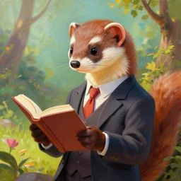 a portrait painting of a weasel in suit, reading ， humanoid, anthropomorphic, personify, trending on artstation by wenjun lin, irakli nadar, bright colors, octopath traveler, wenjun lin, unreal engine 5 highly rendered, global illumination, radiant light, detailed and intricate environment