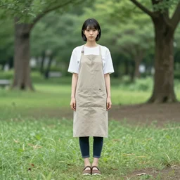 a beautiful full body portrait of a young woman wearing an apron standing in a park, kantoku, james gilleard, very detailed, matte, gaussian blur, tone mapped