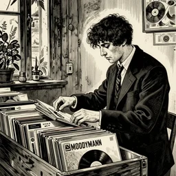 Moodymann browsing a crate of reocrds, black ink illustration, woodblock print, by Aubrey Beardsley