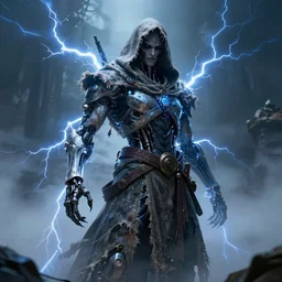 character and environment design, biomechanical arcanist, tattered robe and hood, blue lightning, fog, scary, arrogant, hostile, photorealistic, cinematic, hyper realistic, octane render, 8 k, wide angle