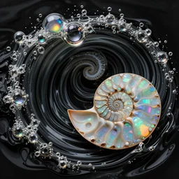 Art Nouveau cresting oil slick waves, hyperdetailed bubbles in a shiny iridescent oil slick wave, ammolite, geode, detailed giant opalized ammonite shell, black opal, abalone, paua shell, ornate copper patina medieval ornament, rococo, organic rippling spirals, octane render, 8k 3D, druzy geode, cresting waves and seafoam
