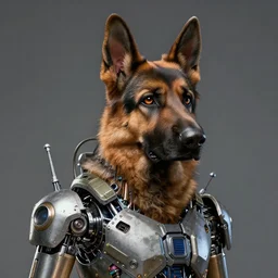 studio portrait of furry anthro anthropomorphic german shepard head animal person fursona exposed machinery extremely detailed robot human android body military droid cybernetic cyberpunk digital art by Greg Rutkowski, Simon Stalenhag, trending on Artstation, CGSociety