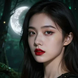 white moon, glowing silver and golden elements, full close-up portrait, young female model from shutterstock as a dark witch, book cover, green forest, red lips, establishing shot, extremly high detail, photo-realistic, cinematic lighting, pen and ink, intricate line drawings, by Yoshitaka Amano, Ruan Jia, Kentaro Miura, Artgerm, post processed, concept art, artstation, matte painting, style by eddie, raphael lacoste, alex ross