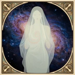 a portrait of a galaxy as an androgynous spirit, draped in transparent cloth, flat colors, minimal, swirly, bust by alphonse mucha, decorative art deco border, astrophotography, vast cosmos, digital illustration overlayed on photography, trending on artstation