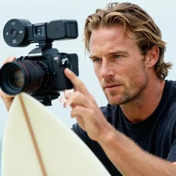a closeup photorealistic photograph of wayne gretzky on a surf board operating a film camera. bright scene. realistic face. fine detail. this 4 k hd image is trending on artstation, featured on behance, well - rendered, extra crisp, features intricate detail, epic composition and the style of unreal engine.
