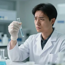 professional stock photo of a sad scientist in a lab, holding a test tube and looking at it