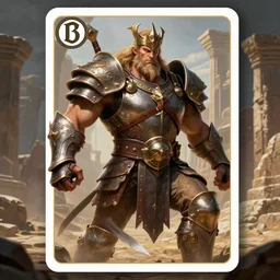 absolute warrior, giga chad in armour, d & d barbarian, powerful male king, character portrait, trading card game art, perfectly shaded, extremely detailed, matte painting, artstation, perfect dramatic lighting, 4 k, deep focus, dynamic scene, fighting, sharp focus, deserted landscape, ancient stone ruins, art by frank frazetta and artgerm and wei wong