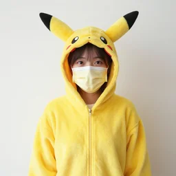 a person wearing a pikachu onesi and a yellow surgical mask