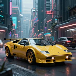 a Lamborghini countach in a cyberpunk city, photorealistic, HDR, 4k, wallpaper, epic, Cinematic, ray-traced, 8k, unigine render