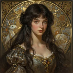 a beautiful princess, long dark hair and bangs, fantasy, intricate, elegant, highly detailed, digital painting, artstation, concept art, matte, sharp focus, illustration, art by Artgerm and Greg Rutkowski and Alphonse Mucha