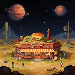 in front of a burger restaurant, in a remote outpost, on an alien planet, from a space themed point and click 2 d graphic adventure game, set design inspired slightly by hg giger and tomb raider, art inspired by thomas kinkade and william alexander