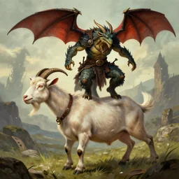 dragonborn from dungeons and dragons jumping into a goat's back, illustration