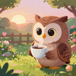cute owl looking at garden enjoying a cup of coffee, watching sunrise, anime, disney, octane render, 8 k, hd
