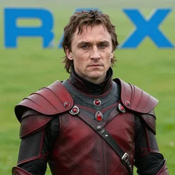 medium shot of heath ledger as rhaegar targaryen in game of thrones, red - black armor with red rubies, green fields background, promotional image, detailed face, movie still frame, imax 5 0 mm film