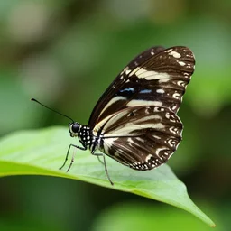 a macro photo of a butterfly with zebra patterns resting on a leaf in the garden, background bokeh