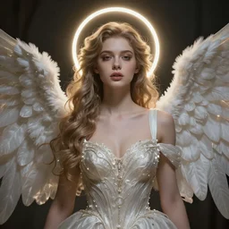 young women , fantasy, intricate, elegant, dramatic lighting, glowing halo, gorgeous face, sexy gown, angelic wings, highly detailed, lifelike, photorealistic, digital painting, artstation,  illustration, concept art, smooth, sharp focus, art by John Collier and Albert Aublet and Krenz Cushart and Artem Demura and Alphonse Mucha