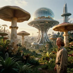 a utopian colony on a lush mushroom planet, incredible large mushroom vegetation, astonishingly futuristic architecture, glass globes, steel, golden hour, 1 9 8 0 s science fiction, film still, ridley scott,