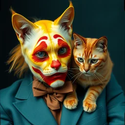 kodak portra 4 0 0, wetplate, 8 k, shot of a highly detailed, britt marling style, colour still - life portrait of a lemon looks like 1 9 9 9 joker and his devil cat, teal and orange, muted coloures