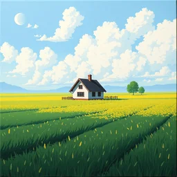 an oil painting of a painting of a house in the middle of a field, pixel art by awase hasui kawacy, artstation, pixel art, # pixelart, 2 d game art, voxel art, oil painting, oil painting, oil painting