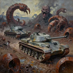 oil painting nightmare m 1 a 2 sep army tanks clawed chaos landscape fecund afraid of broken panzers tank treads hooped around rustscape in primoridal slimes in mollusk skins, vincent di fate, by jack gaughan
