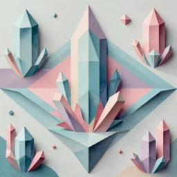 hyper detailed abstract geometric art made of paper, optical illusion, crystals, crystal formation, shapes and colours, material textures, sense of depth, pastel colour palette, just beautiful