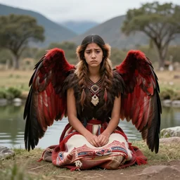 harpy, red feathered wings, young woman, wearing Inka clothes, sad expression, sitting at a pond, mountainous area, trees in the background, trending on artstation