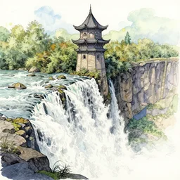 tower above a waterfall, drawing, watercolor, intricate linework, stunning artwork, highly detailed, trending on artstation,