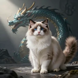 photo of ragdoll cat that looks like a dragon looking at camera, ultra realistic, full body