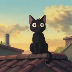 a wholesome animation key shot of a black cat seated on top of a roof with tiles, medium shot, studio ghibli, pixar and disney animation, sharp, intricate details, rendered in unreal engine 5, anime key art by greg rutkowski, bloom, dramatic lighting, golden hour, warm colors